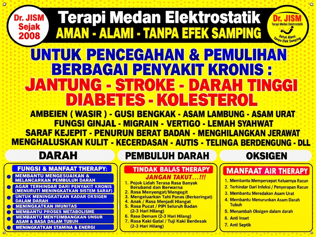 Papan kuning Terapi Medan Elektrostatik Dr. JISM sejak 2008, dengan daftar fungsi terapi, tindak balas, dan manfaat air terapi.